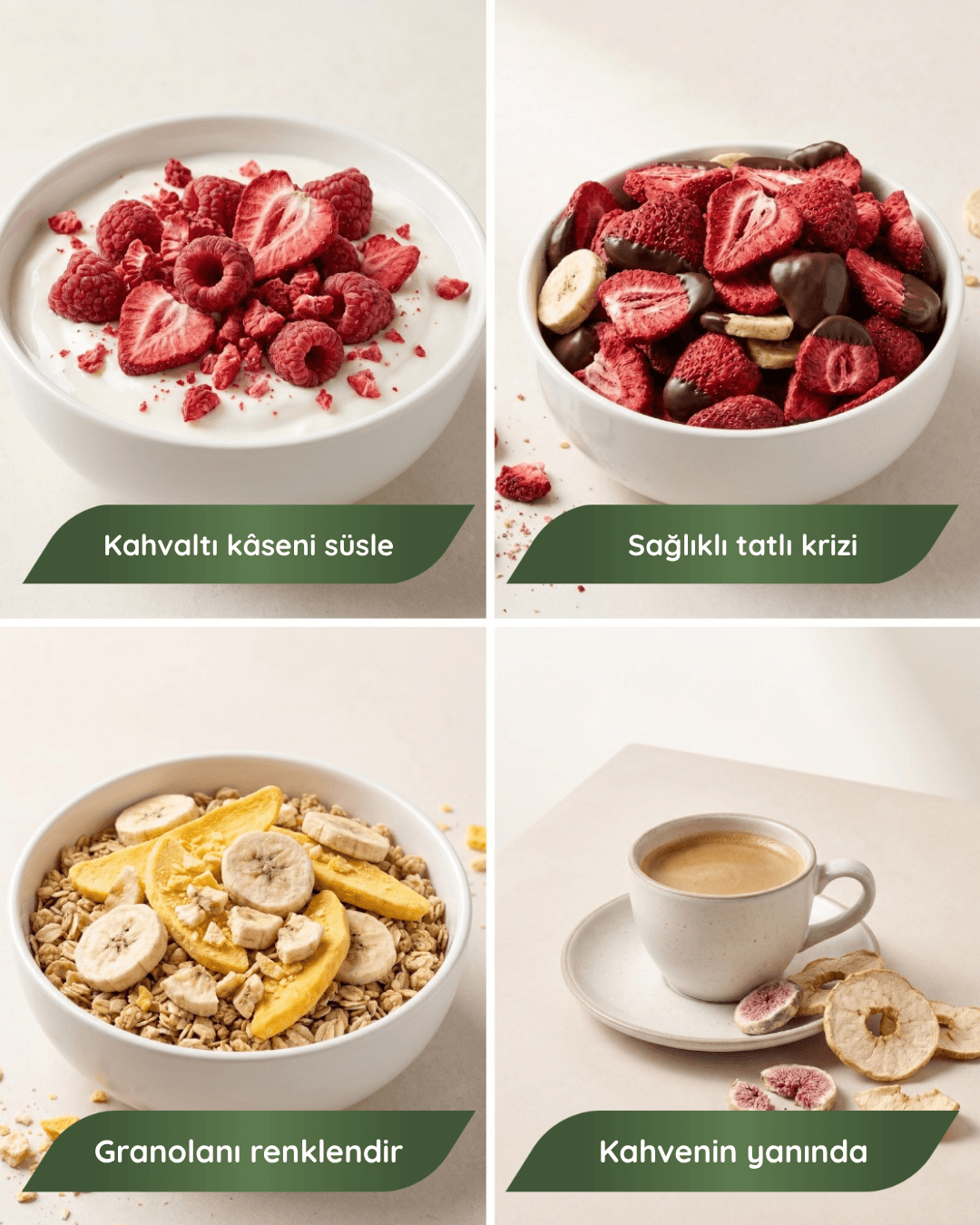 Smoothie, granola ve tariflerle dondurarak kurutulmuş Kuruşuk meyveleri